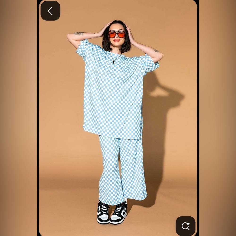 Lex Ribbed Checkerboard Playsuit in Blue Skies.